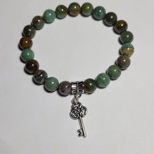 Natural Dragon Blood Jade Crystal Beaded Bracelet w/Key Charm 8mm 7 1/2" Large